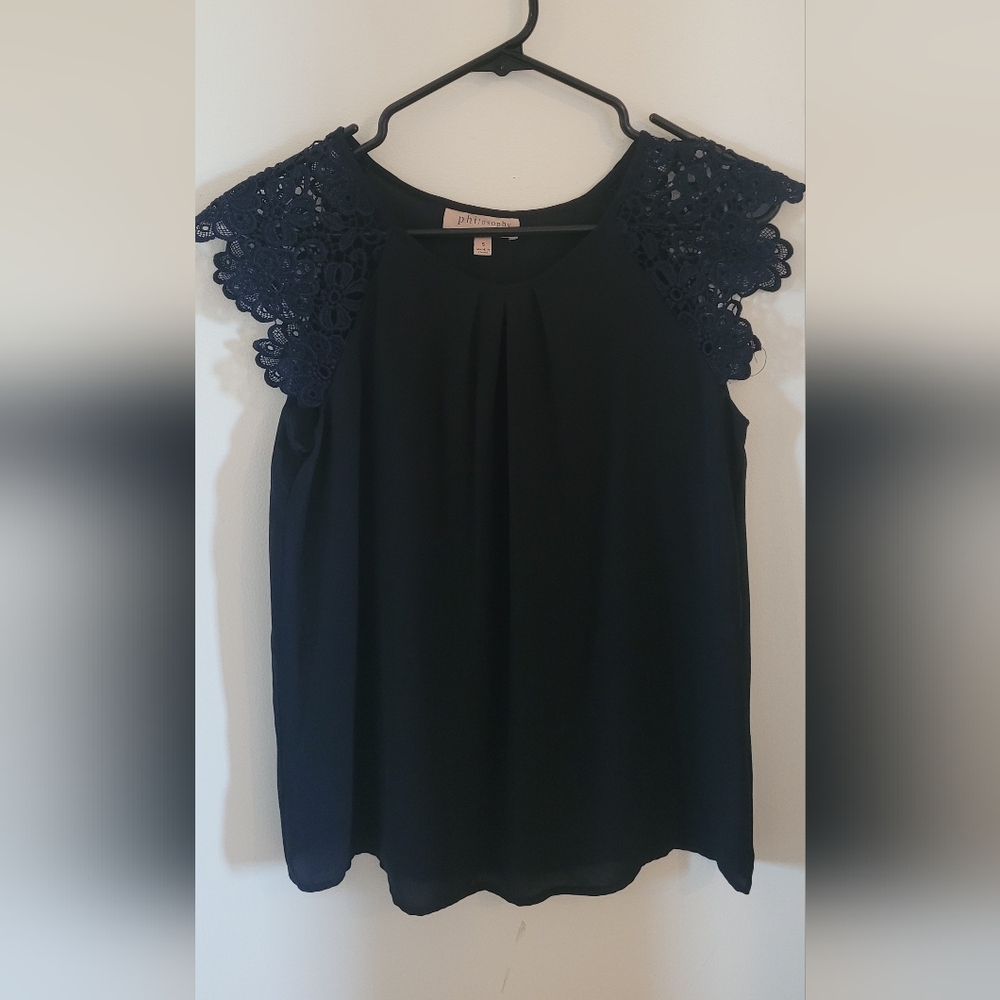 Philosophy Midnight Blue Top with Lace Accents